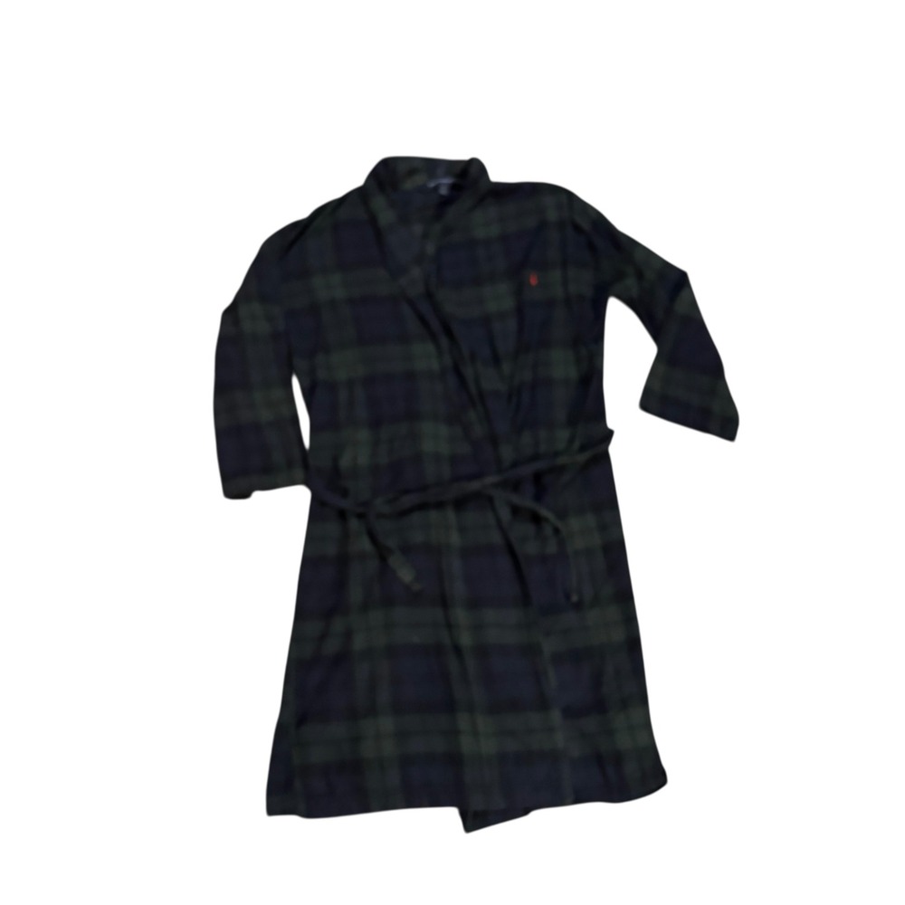Poloβ Ralph Lauren Mens Blackwatch Plaid Cotton Robe Navy Green S/M